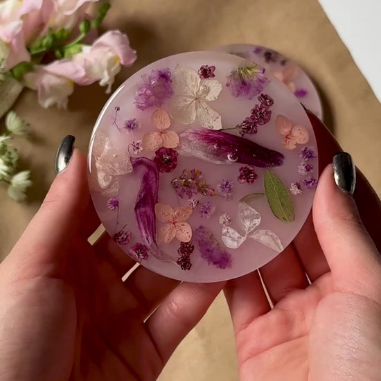 Blush Round Handmade Coaster Set with Real Dried Flowers