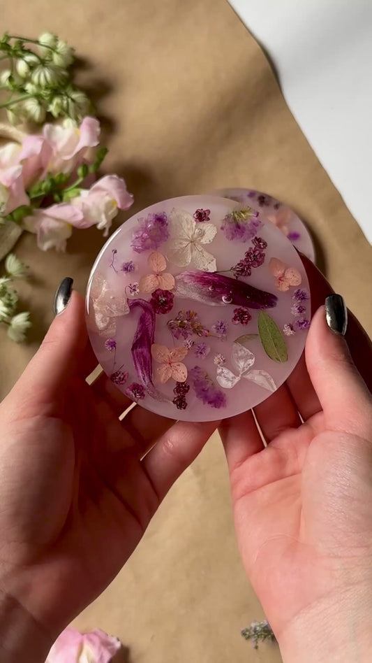 Blush Round Handmade Coaster Set with Real Dried Flowers